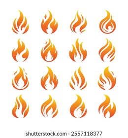 Set of simple small flames vector icons Gold color bundle. Symbol of burning fire flame collection isolated on white background