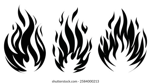 Set of simple small flames vector icons silhouettes bundle. Fire icon symbol in flat style. Burning fire flame collection isolated on white background. Vector fire flame clipart