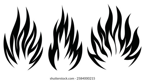 Set of simple small flames vector icons silhouettes bundle. Fire icon symbol in flat style. Burning fire flame collection isolated on white background. Vector fire flame clipart