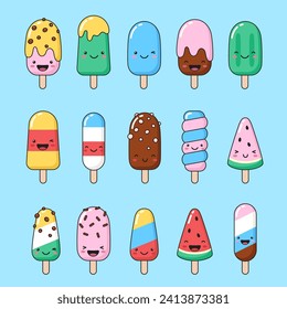 Set of simple smiling ice cream, eskimo, popsicle illustrations. Summer, dessert with face, cute vector cartoon drawings. 