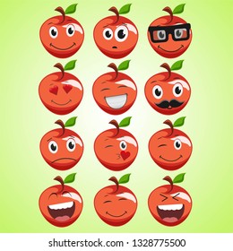 A set of simple smiling red apple. A cartoon character. Cute smiling apple icon isolated on green background. Vector illustration EPS 10.