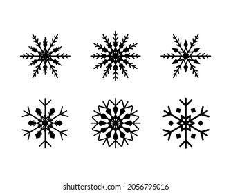 Satz von einfachen Schneeflocken von schwarzen Linien. Festliche Dekoration für Neujahr und Weihnachten