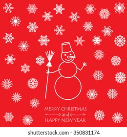A set of simple snowflakes. All snowflakes of different forms. Decorated in a card with a snowman. Vector drawing.