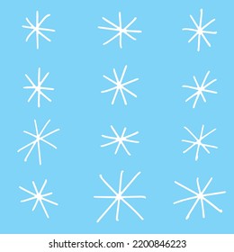 Set of simple snowflakes. Hand draw snowflake isolated on blue background. Christmas and winter elements, vector illustration