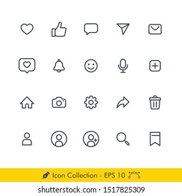 Set of Simple Social Media (Social Network) User Interface Related Icons / Vectors - In Line / Stroke Design | Contains Such Profile Page, Social Link, Settings, Picture, Share, Like, Rating