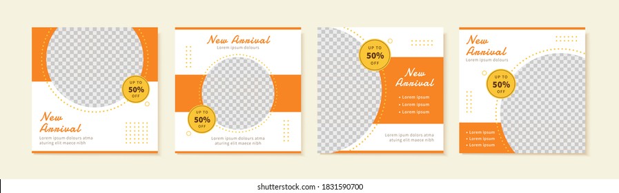 A set of simple social media template design in orange and white background color, creating a fresh, sophisticated, young, and warm atmosphere, suitable for sales ,business promotion