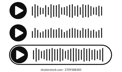 Conjunto de iconos de ondas de sonido simples. Forma de onda de audio minimalista, gráfico de decibelios y símbolos de mensajes de voz. Diseño lineal limpio para App de música, interfaces de grabación de sonido, podcasts, edición de audio