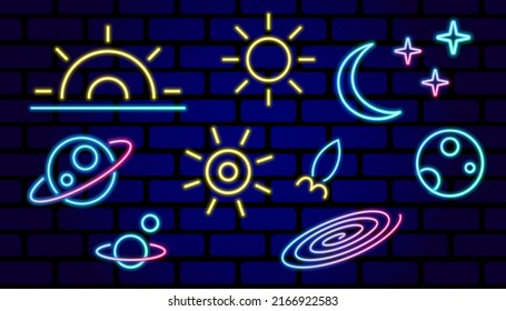 Set of simple space glowing neo icons of planets, sun, moon and stars.