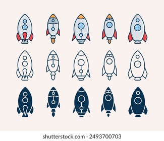 A set of simple spacecraft and rocket illustrations with outline and field variations