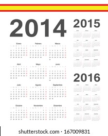 Set of simple spanish 2014, 2015, 2016 year vector calendars. Week starts from Monday.