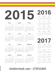 Set of simple Spanish 2015, 2016, 2017 year vector calendars. Week starts from Mondays.