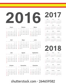 Set of simple Spanish 2016, 2017,2018 year vector calendars. Week starts from Sunday.