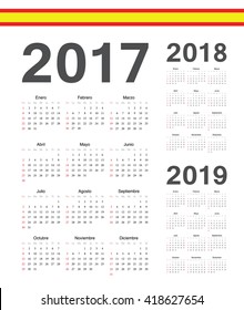 Set of simple Spanish 2017, 2018, 2019 year vector calendars. Week starts from Sunday.