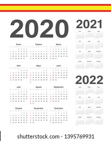 Set of simple Spanish 2020, 2021, 2022 year vector calendars. Week starts from Sunday.