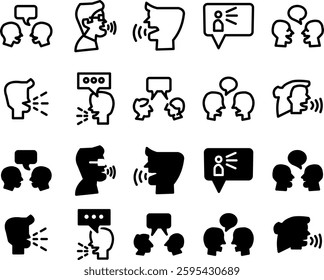A set of simple speak icons representing communication, voice, speech bubbles, and audio signals. Ideal apps, websites, and presentations.