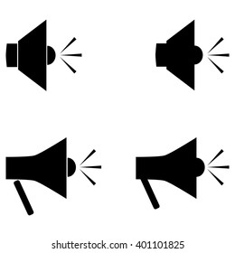 Set of simple speakers. Speaker, mouthpiece, horn, speaker, mouth, bullhorn, loud-hailer, speaking, trumpet, loudspeaker, megaphone, blower, reproducer. Four elements on a white background.