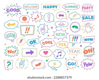 A set of simple speech bubbles, arrows and symbols.