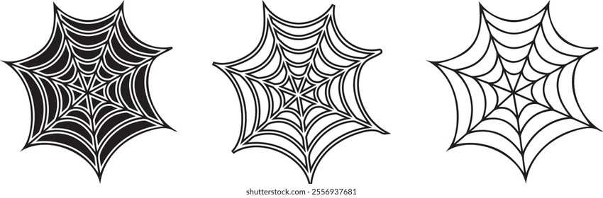 Set of simple spider webs line art vector illustration