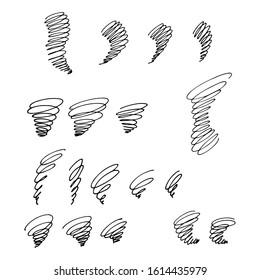 a set of simple spiral vortices or tornadoes as an element of a pattern or emblem, logo, vector illustration in black contour lines, isolated on a white background in a doodle and hand drawn style