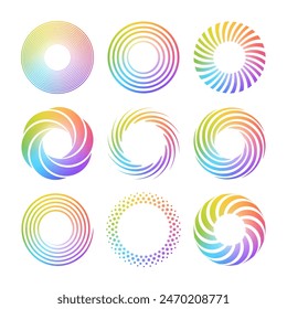 Set of simple spirals. Abstract swirl shapes with multi color gradient. Twisting circles. Summer design elements. Isolated vector icons