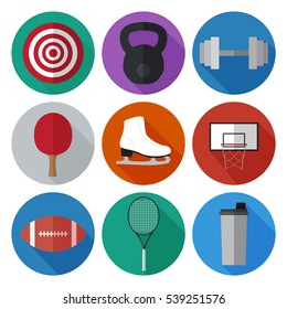 Set of simple sport equipment  flat icons on color circles vector illustration