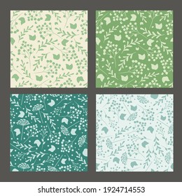 Set of simple spring vector patterns.
Silhouettes of plants on different backgrounds. For textiles, wrapping paper, etc.