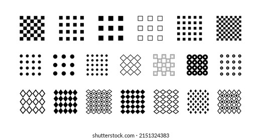 Set of simple square patterns - mesh, grid, lattice. Decorative elements in minimalistic memphis style. To create unique design, decor or collage, geometric patterns of circles, squares and rhombuses.