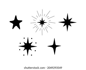 Set of simple stars, black silhouettes of stars isolated on white background. Simple vector illustration, hand drawing. Boho design for astrology, prediction, holiday.