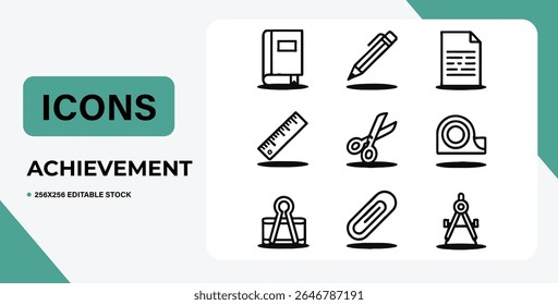 Eine Reihe einfacher Schreibwarensymbole, perfekt für Büro- oder Schulprojekte.  Diese Vektorsymbole sind einzeln auf weißem Hintergrund und einfach zu bearbeiten. Ideal für Web- oder Druckanwendungen.