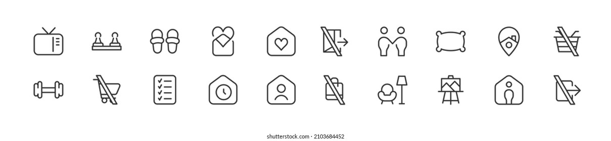 Set of simple stay at home line icons. Outline stroke object. Linear signs pack. Perfect for web apps and mobile.