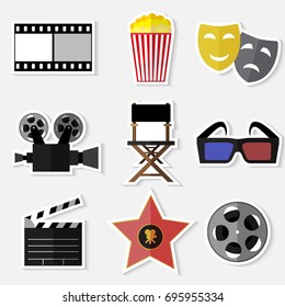 Set of simple stickers cinema flat icons on white background vector illustration