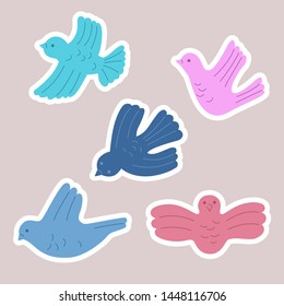 Set of simple stickers with flying birds. Colorful vector illustrations, isolated.