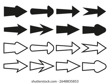 Set of simple straight black arrow icons in two styles: solid fill and outlined. Minimal and clean design, perfect for infographics, user interfaces, mobile apps, presentations, and websites. Isolated