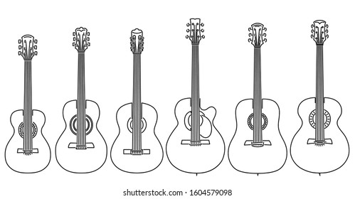 Set of simple stringed musical instruments classical guitar, acoustic guitar, parlor, jumbo, dreadnought drawn by lines.