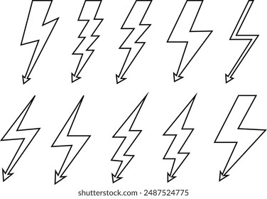 set of simple stroke outline lightning bolt, electric thunderbolt, lightning strike, dangerous symbol element vector illustration.