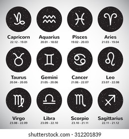 Set of simple stroke zodiac signs with names and dates. Night sky with stars, circle shape round cosmic backgrounds. Black and white hand drawn spray, flecks, specks texture.