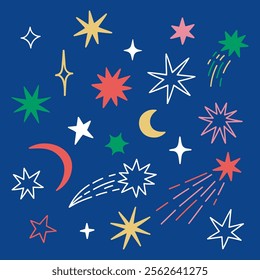 Set of simple style stars, moons and comets. Vector graphics.