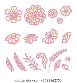 Set of simple styled flowers and leaves isolated on white background. Elements for kids clothes.