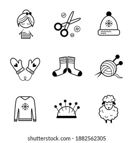 Set of simple stylish black line icons for needlework. Images of a knitter, scissors, buttons,  hat, mittens with hearts, soft and warm sheep's wool, a ball of yarn with knitting needles. For handmade