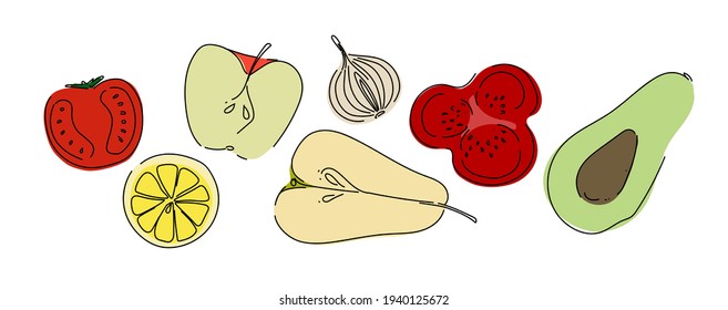 A set of simple stylized fruits and vegetables.