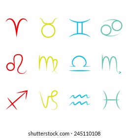Set of simple stylized minimalistic zodiac signs on red, yellow, blue and green color