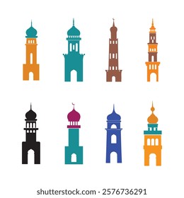 A set of simple, stylized silhouettes of mosque towers in various colors.