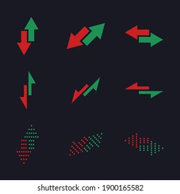 Set of the simple substitution vector icons. Green and red arrows with changing direction. Rise and fall signs. Price changing signals in trading and on exchange. Football (soccer) substitution symbol