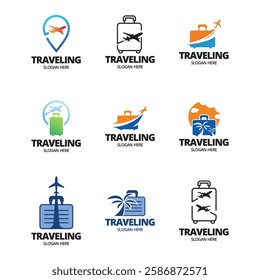 Set of Simple Suitcase Travel Logo. Travel Bag and Plane Logo For Traveling Business Company.