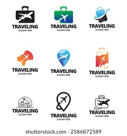 Set of Simple Suitcase Travel Logo. Travel Bag and Plane Logo For Traveling Business Company.