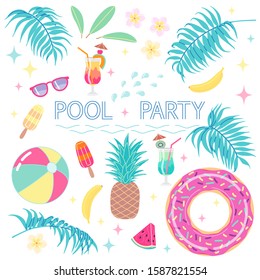 Set of simple summer design elements isolated on white. Tropical collection for pool party - exotic flowers, palm leaves, swimming ring, ball, cocktail, ice cream and fruits.Vector flat illustration.