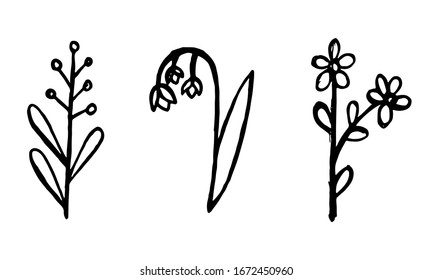 set of simple summer flowers drawings. abstract flower illustration. hand drawn vector art.