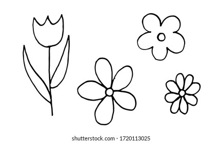 set of simple summer flowers drawings. abstract flower illustration. hand drawn vector art. black white illustration