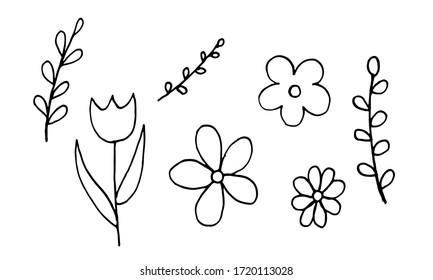 Set von einfachen Blumenzeichnungen im Sommer. abstrakte Blumengrafik. handgezeichnete Vektorgrafik, schwarz-weiße Illustration