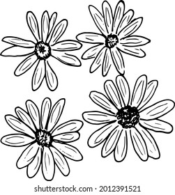 set of simple summer flowers drawings. abstract flower illustration. hand drawn vector art. black white illustration